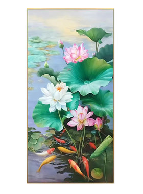 手绘油画入户玄关装饰画荷花挂画九鱼图新中式复古装饰画大芬村