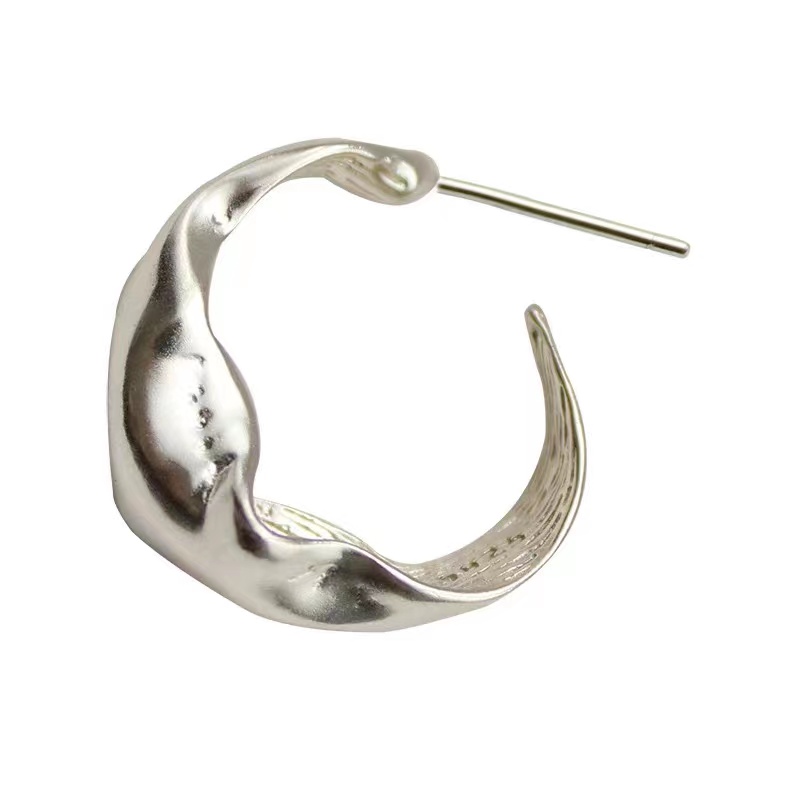 s925银纯银光面凹凸不规则耳钉设计感法式冷淡风褶皱C形耳环耳圈