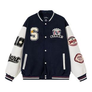 辛普森一家美式复古潮牌毛巾绣字母棒球服女街头夹克情侣外套男款