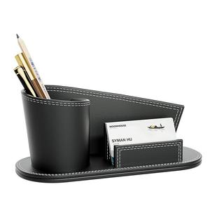办公前台皮革笔筒带名片收纳座创意多功能皮质文具收纳盒礼品定制
