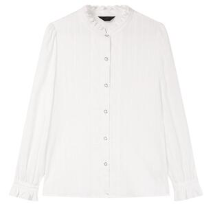 白鹿语法式木耳边立领秋款全棉刺绣花纹点缀无弹长袖女式衬衫