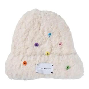 白露同款纽扣装饰毛绒针织帽子女秋冬保暖可爱显脸小盆帽仿皮草帽