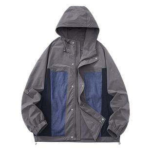 春秋款夹克帅气连帽外套男士撞色牛仔拼接工装男装防风机能冲锋衣