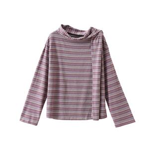 popchrio◆慵懒风飘带一字斜肩撞色条纹长袖T恤宽松休闲体恤上衣