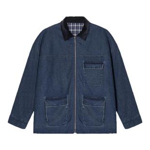 【双面穿】Unvesno(UN)复古中长款保暖御寒牛仔工装夹克格纹棉服