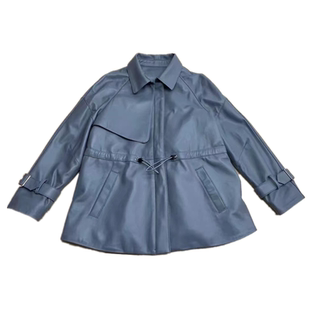 迷雾蓝真皮绵羊皮短款皮夹克外套女2026春秋新款抽绳收腰宽松皮衣