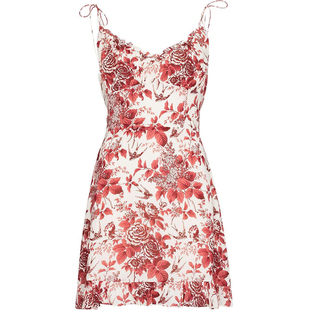 reformation法式雪纺v领木耳边黑红色吊带连衣裙子女夏季小黑裙