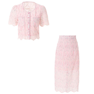 海青蓝高级感蕾丝半身裙小香风套装女名媛短袖上衣刺绣减龄两件套