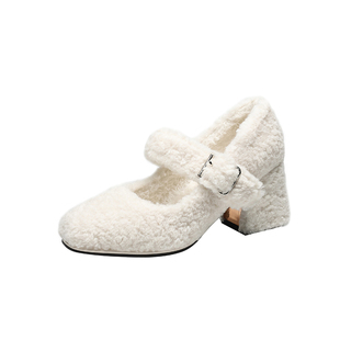 法式白色玛丽珍毛毛鞋冬季加绒高跟棉鞋2025新款仙女温柔单鞋粗跟