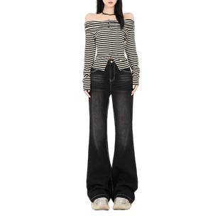 worxurnn/无须慵懒休闲高腰牛仔裤女阔腿喇叭高街复古拖地裤