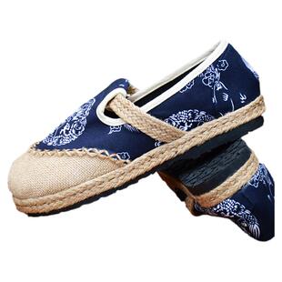 中国亚麻复古男鞋透气麻夏季布鞋一脚蹬懒人麻底鞋子民族风印花鞋