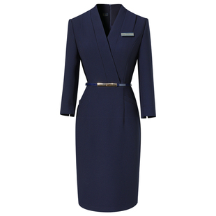 气质V领七分袖职业连衣裙春秋修身职场工作服通勤珠宝店前台工装