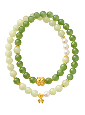 觉人奶黄黄口和田玉碧玉双圈手链