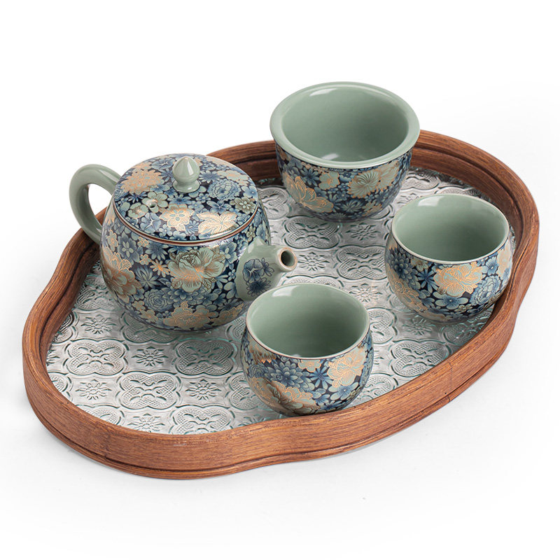 仿宋汝窑繁花功夫茶具一壶三杯