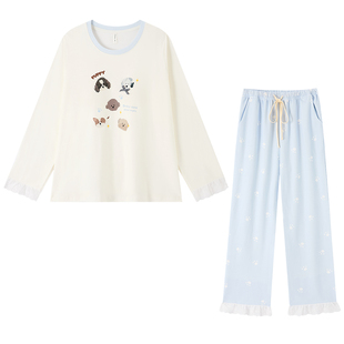 BE纯棉睡衣女款秋春带胸垫长袖长裤圆领套头家居服2026新款蕾丝夏