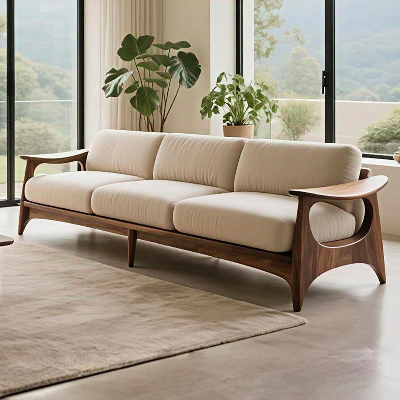 新中式实木沙发2025新款现代简约家用客厅胡桃木布艺直排三人沙发