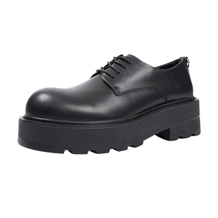 英伦风厚底德比鞋男增高5cm大头圆头系带休闲皮鞋黑色真皮男鞋潮