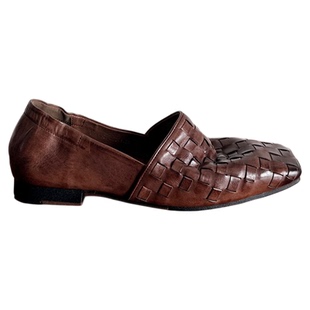 【烁掌柜】高端轻奢复古方头手工真皮森女鞋头层编织牛皮低跟单鞋