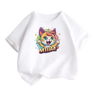 儿童短袖t恤纯棉可爱卡通小猫咪图案女童夏装白色打底衫男童半袖t