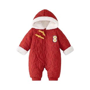 babylove婴儿连体衣冬款加绒棉服哈衣宝宝夹棉外出保暖红色拜年服