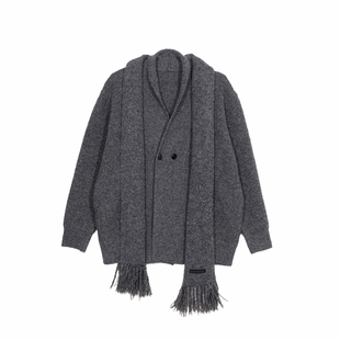 Hualun男士超好看开衫针织衫男装老钱风毛衣男宽松保暖带围脖外套