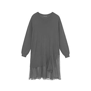 sdeer圣迪奥春秋装女装休闲圆领网纱拼接长袖连衣裙S21381204