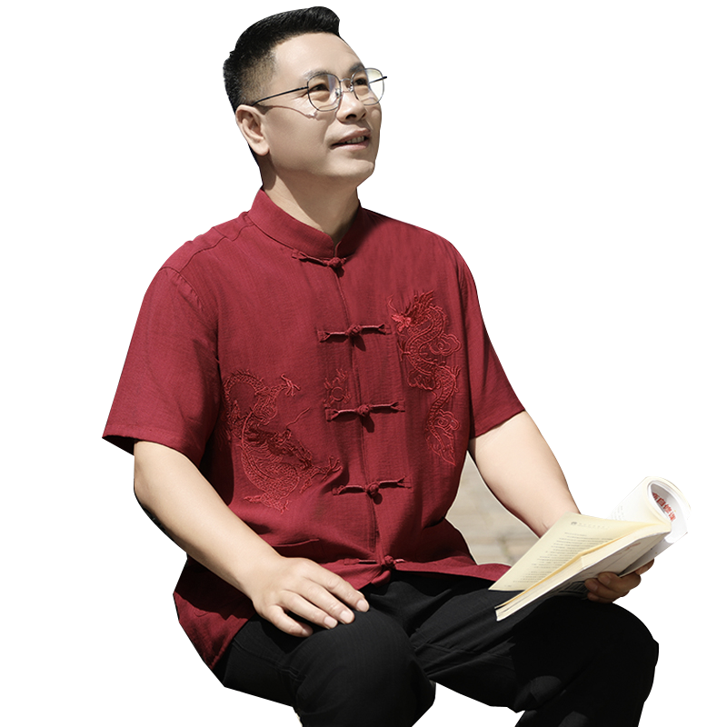 爸爸婚宴装喜宴两件套装中老年人唐装男中国风中式短袖爷爷大寿星