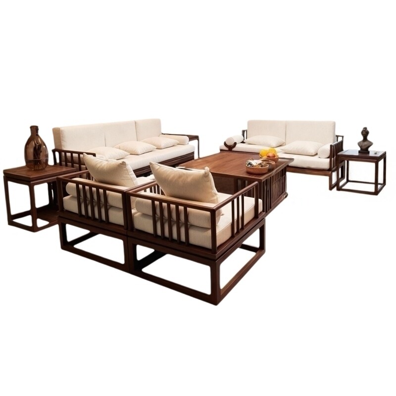 新中式沙发简约实木现代禅意黑胡桃木沙发数直排沙发客厅布艺沙发