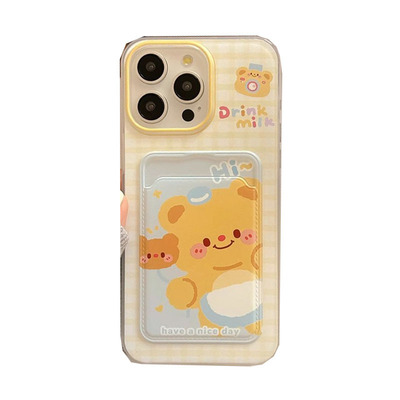 Cute Cream Yellow Bear Card Holder with Double Buckle Lanyard Protective Case 适用 iPhone 17 Pro 16