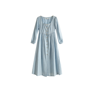 蓝色方领长袖连衣裙女2026年春季新款巨好看的气质收腰显瘦裙子