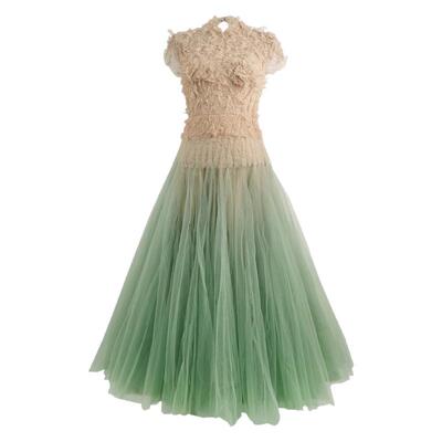 渐变薄荷绿网纱露背仙女连衣裙