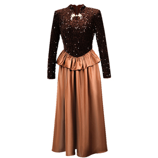 年会亮片礼服假两件高腰修身连衣裙美拉德风气质特别漂亮的a字裙