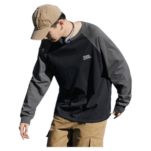 唐狮春秋新款长袖T恤男撞色拼接圆领宽松男生上衣青少年打底衫