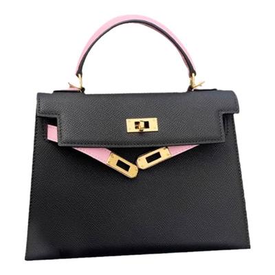 真皮拼色凯莉包女手提单肩斜挎包