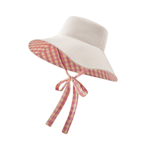 ohsunny格子飘带防晒宽帽檐渔夫帽遮阳双面戴防紫外线太阳帽子