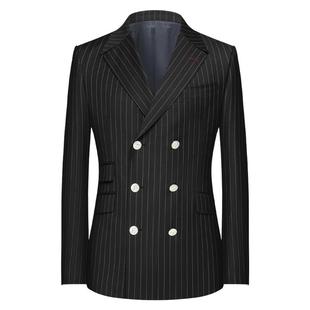 本派设计师款条纹羊毛西装外套男意大利风格戗驳领双排扣休闲西服