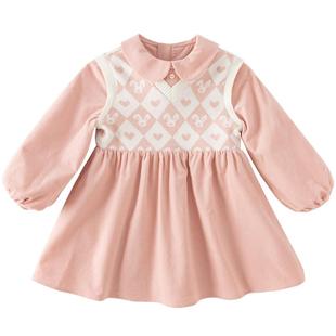 戴维贝拉女童连衣裙春装中大童假两件灯芯绒裙子宝宝公主裙童装