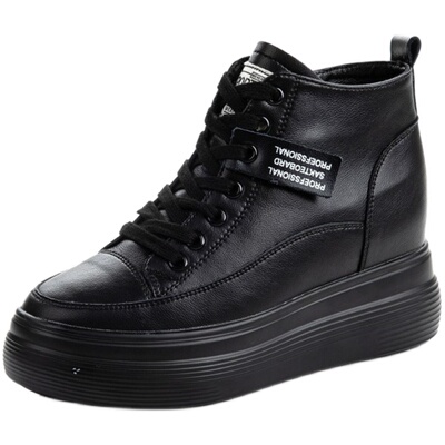 黑色厚底休闲高帮鞋女内增高真皮