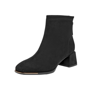 卓诗尼2025秋冬新款短靴女绒面圆头后拉链中跟时装靴粗跟马丁靴女