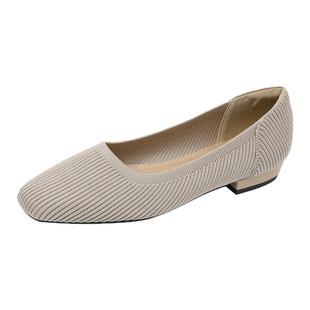 日系王妃鞋女夏季低跟方头浅口透气单鞋粗跟针织飞织鞋高跟鞋