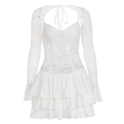 IAEY法式宫廷风蕾丝提花吊带连衣裙收腰显瘦气质蛋糕裙+坎肩袖套