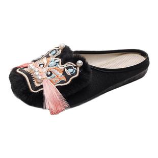 虎头鞋女成人平底兔毛国潮单鞋民族风绣花鞋布增高非遗纯手工拖鞋