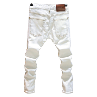 个性辑明线设计白色牛仔裤男夏季修身小脚裤潮流百搭时尚休闲裤子