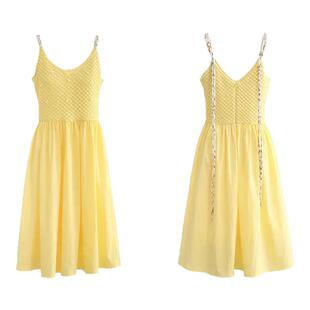 蔡文静同款法式黄色吊带连衣裙女手工钉珠设计感收腰显瘦气质短裙