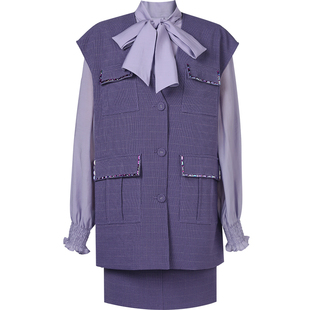 2026春冬季新款女装时尚紫色衬衫蝴蝶结钉珠马甲高腰短裙套装