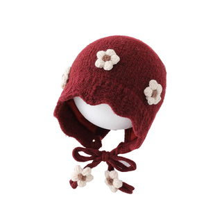 宝宝红色帽子秋冬季保暖加厚针织护耳帽女儿童防风毛线新年系带帽