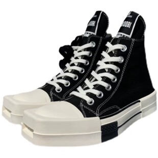 ro联名方头高帮帆布鞋女黑白色低帮男女系带银色平底情侣鸳鸯板鞋