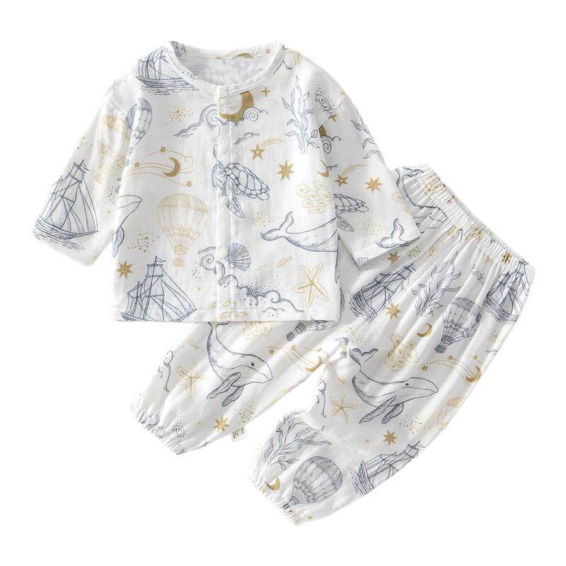 婴儿纱布套装宝宝家居服长袖竹纤维上衣裤子儿童夏季空调服男女童