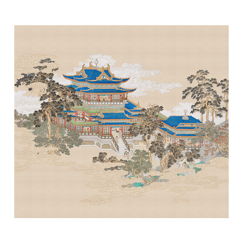 新中式古风宫廷楼阁墙布酒店装修浮雕墙纸背景墙壁画饭店硬包壁纸