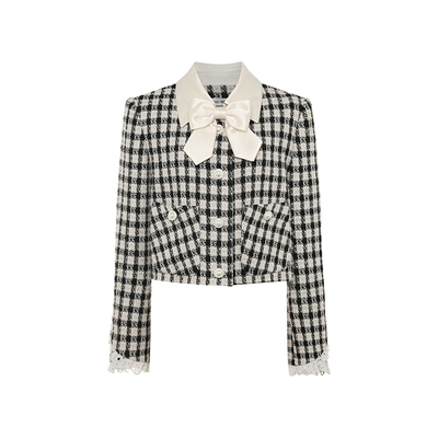 Maison Wester2026早春新品小香风黑白格子粗花呢蕾丝领短外套女